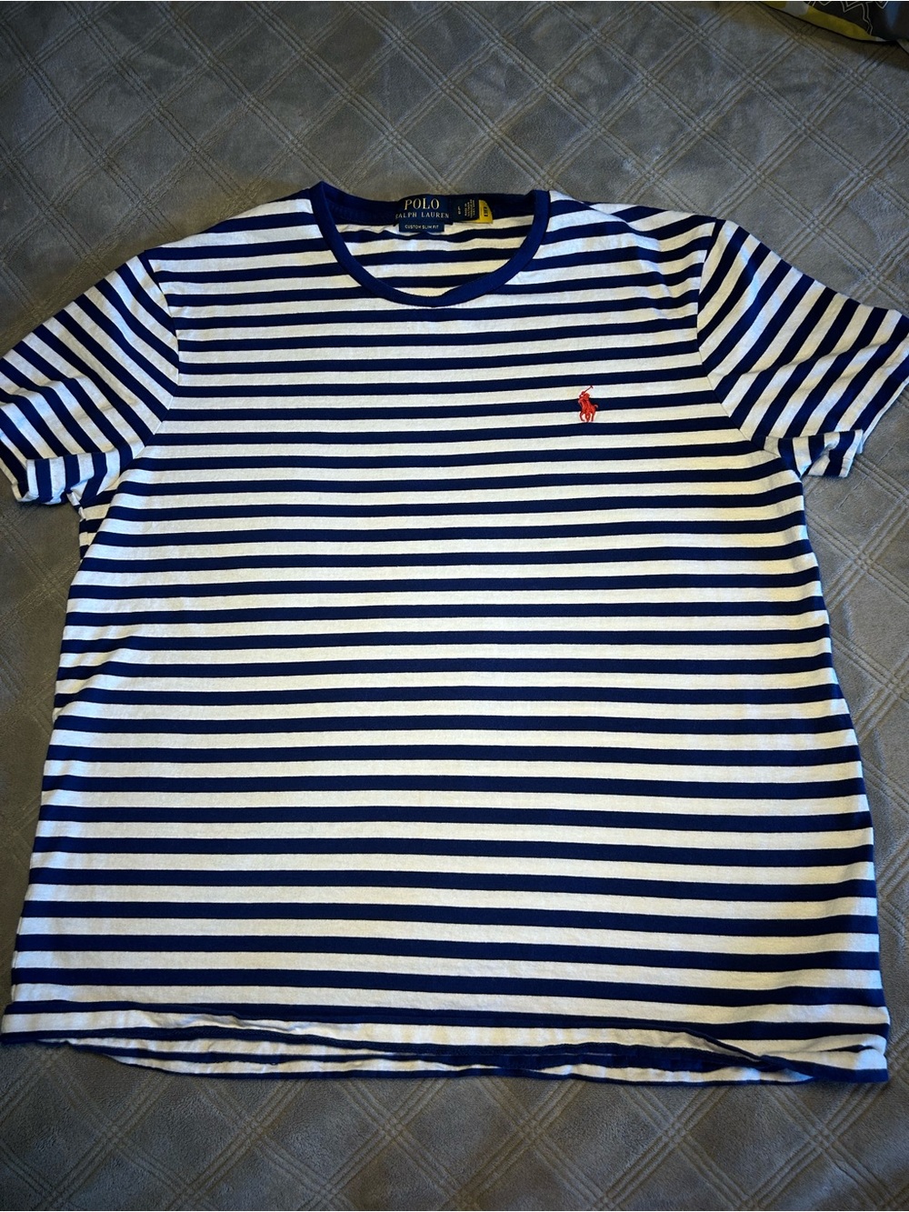 Ralph Lauren Navy & White Striped Crewneck Tee with Red Pony